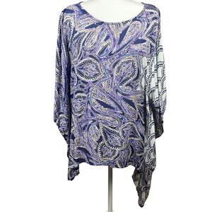 Chico's boho poncho top abstract feather paisley print asymmetrical hemline